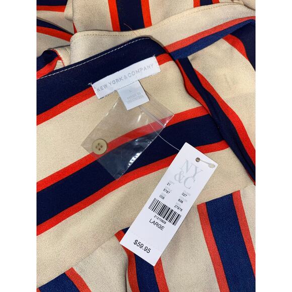 NWT $59.95 NY&C New York & Co Large Long Sleeve Nude Navy Blue Stripe Wrap Dress - Picture 11 of 12